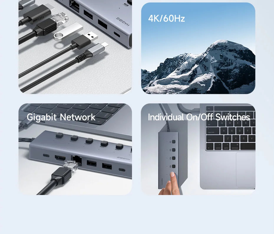 Hagibis USB C HUB Type-C Individual On/Off Switches Docking Station with 100W PD 4K HDMI-Compatible RJ45 for Laptops Macbook Pro