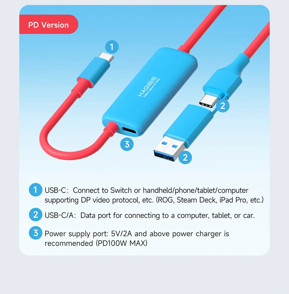 Hagibis USB3.0 Video Capture Card with 100W PD USB C to USB A/USB C Live and Record Video Audio Gaming for Quest 2 3 Switch ROG