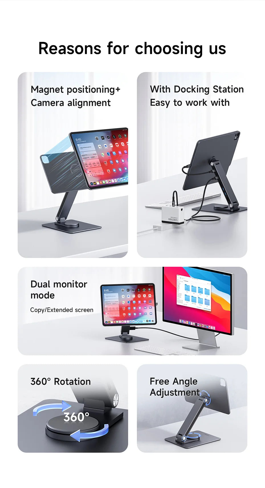 Hagibis Magnetic Stand for iPad Pro M4 2024 11inch 13inch with Hub Tablet Docking Station 360° Adjustable Mount Foldable Holder - Intechlegent