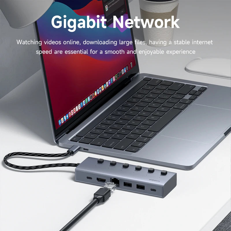 Hagibis USB C HUB Type-C Individual On/Off Switches Docking Station with 100W PD 4K HDMI-Compatible RJ45 for Laptops Macbook Pro