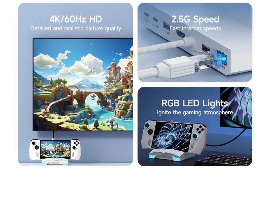 Hagibis ROG Ally/Steam Deck/Switch/OLED Dock 6 in 1 Universal Docking Station With 4K HDMI 2.5G RJ45 100W PD RGB Light USB C Hub