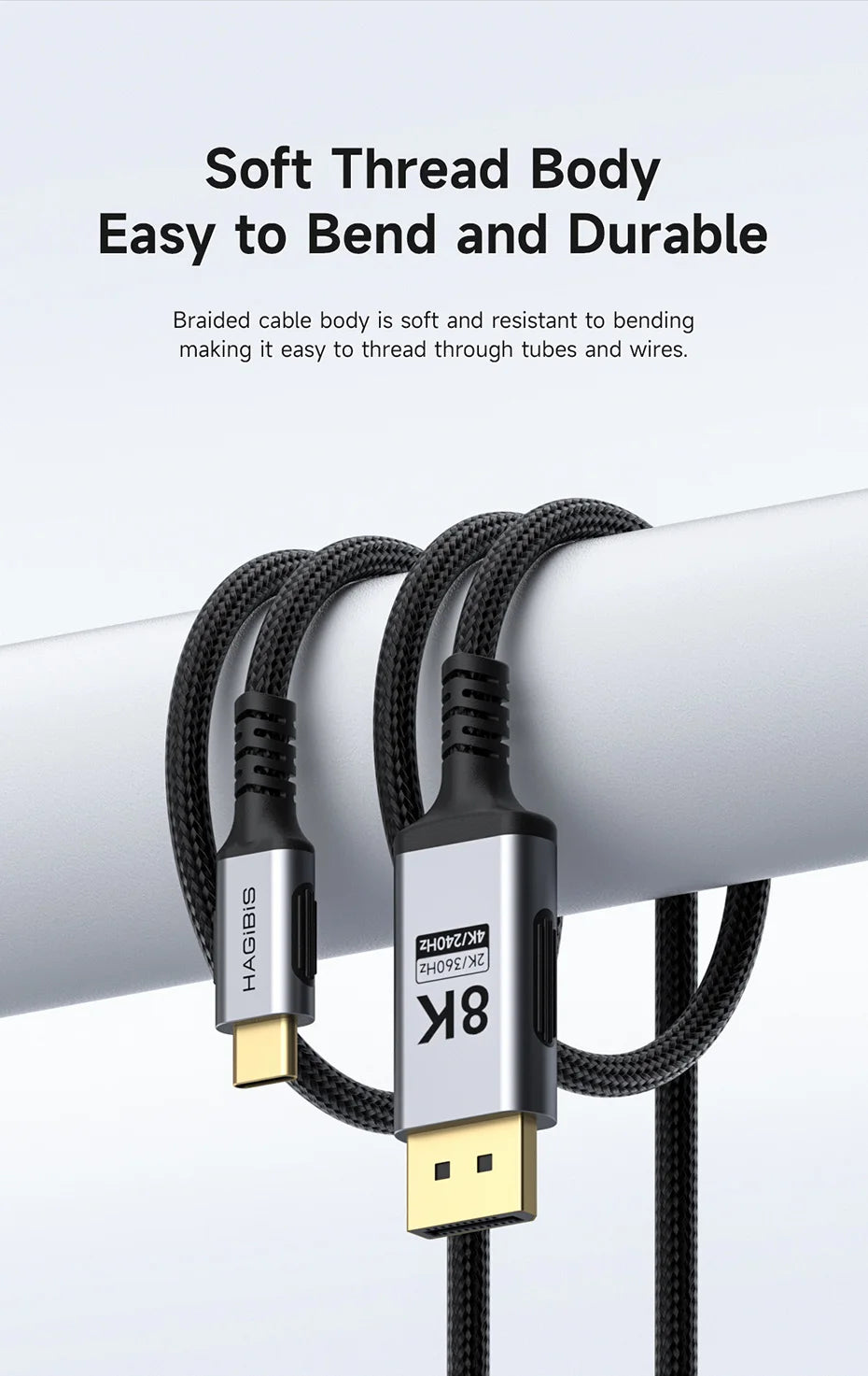 Hagibis 8K USB C to DisplayPort 1.4 Cable Super Soft Bi-directional Type-c to DP Cable High Refresh Rate 2K165Hz 4K144Hz 240Hz