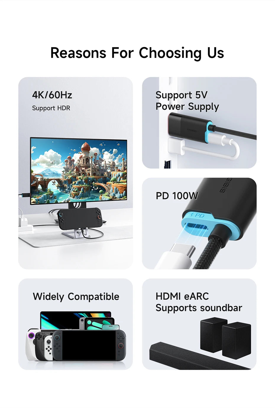 Hagibis Switch 2 Dock for Nintendo Switch/Switch2/OLED 4K@60Hz USB C to HDMI Cable Adapter 100W PD Power Supply for Laptops ROG