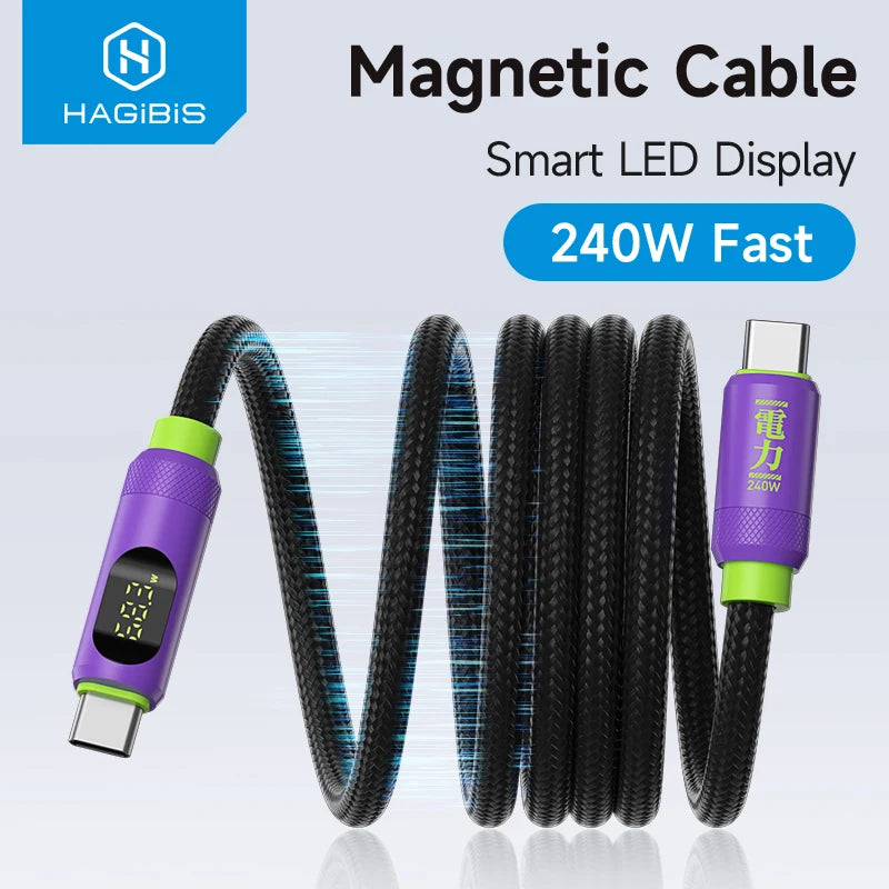 Hagibis Magnetic USB C to USB C Cable With LED Display USB C Charger Cable Type-c PD 240W Fast Charging Cord For iPhone 16/15 - Intechlegent
