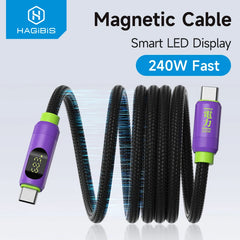 Hagibis Magnetic USB C to USB C Cable With LED Display USB C Charger Cable Type-c PD 240W Fast Charging Cord For iPhone 16/15 - Intechlegent