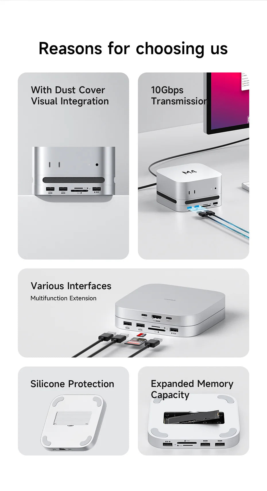 Hagibis USB C Hub with M.2 SSD Enclosure Type-C Docking Station for Mac mini M4/M4 Pro 4K 60Hz USB 3.2 Gen2 SD/TF 4.0 Dock Stand
