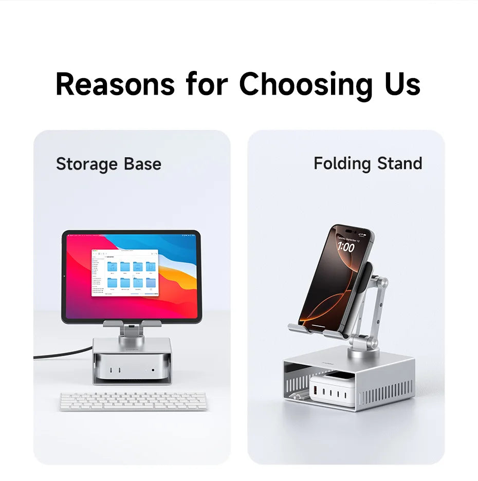Hagibis Desktop Stand for iPad Pro/Air Mac mini M4/M4 Pro Storage Metal Holder 360° Adjustable Foldable Multifunction Bracket