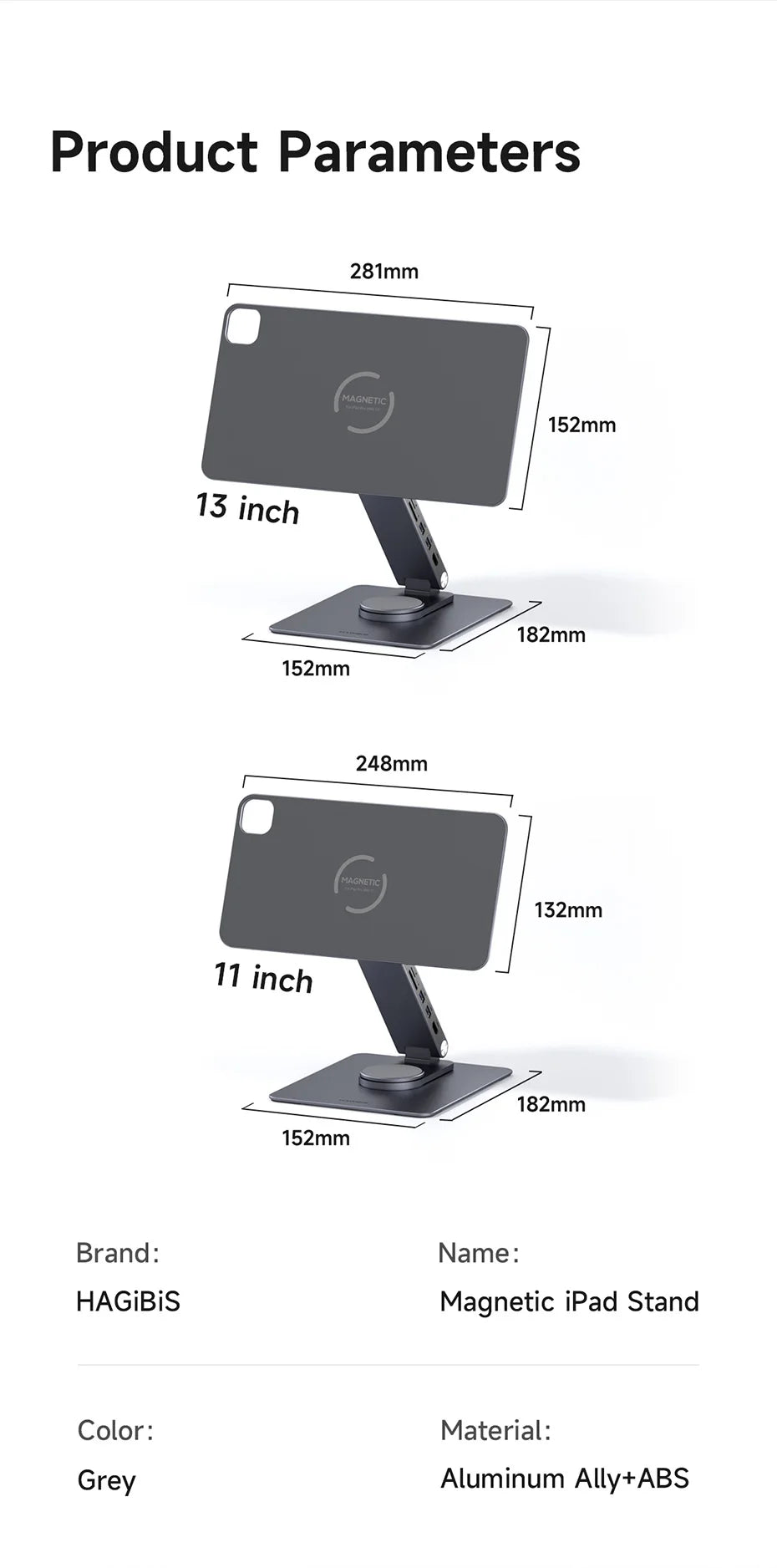 Hagibis Magnetic Stand for iPad Pro M4 2024 11inch 13inch with Hub Tablet Docking Station 360° Adjustable Mount Foldable Holder - Intechlegent