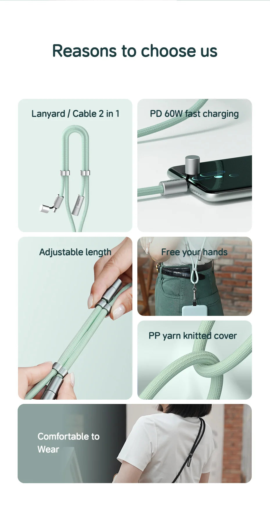 Hagibis Universal Phone Lanyard USB C Cable 2 in 1 Phone Strap C to C/C to L Charging Cord for iPhone 16 17 Pro Max Most Phones