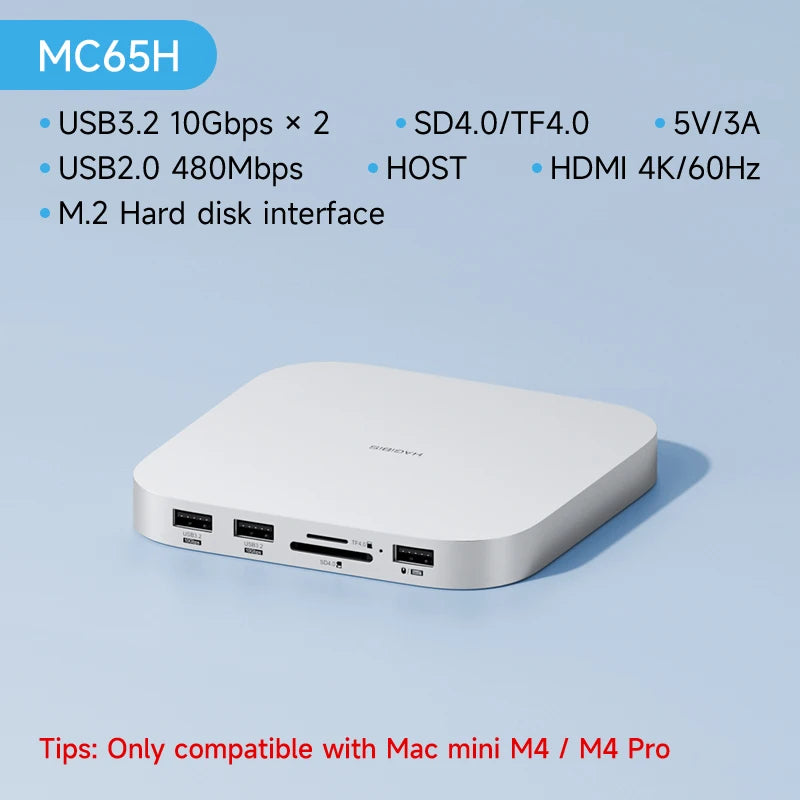 Hagibis USB C Hub with M.2 SSD Enclosure Type-C Docking Station for Mac mini M4/M4 Pro 4K 60Hz USB 3.2 Gen2 SD/TF 4.0 Dock Stand