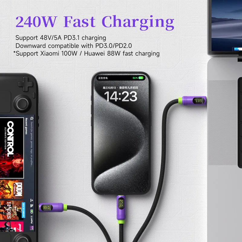 Hagibis Magnetic USB C to USB C Cable With LED Display USB C Charger Cable Type-c PD 240W Fast Charging Cord For iPhone 16/15 - Intechlegent