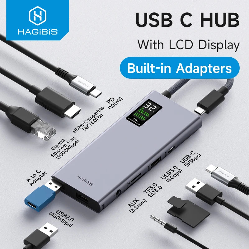 Hagibis USB C Hub With LCD Display Type C Multiport Adapter 4K HDMI-Compatible 100W PD Gigabit Ethernet For Macbook Pro iPad HP - Intechlegent