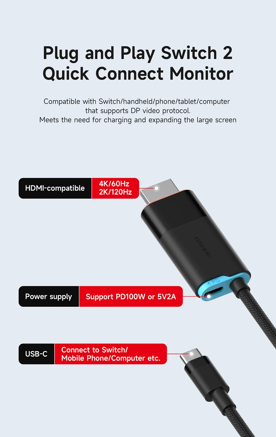 Hagibis Switch 2 Dock for Nintendo Switch/Switch2/OLED 4K@60Hz USB C to HDMI Cable Adapter 100W PD Power Supply for Laptops ROG
